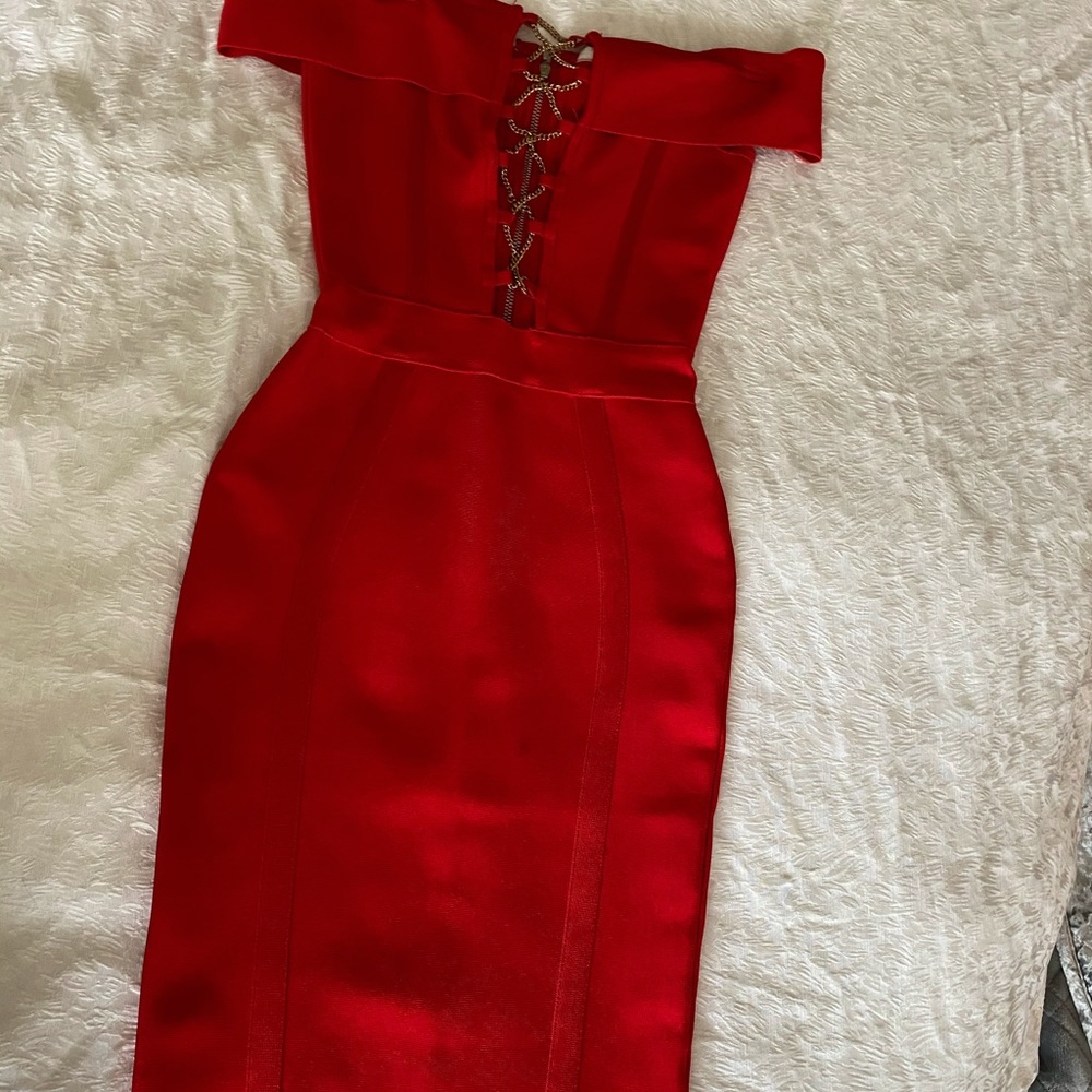 Red off the shoulder bandage dress